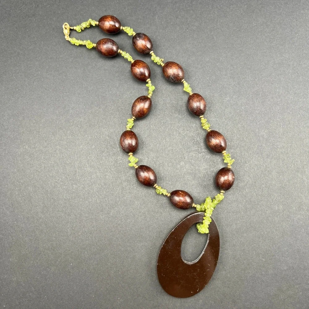 Boho Beaded Necklace Brown Green Wood Stone Coconut Shell 19